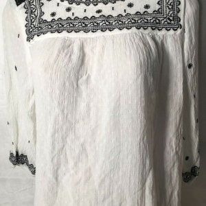 Knox Rose Women's White Black Round Neck Long Sleeve Floral Embroidery Top Large